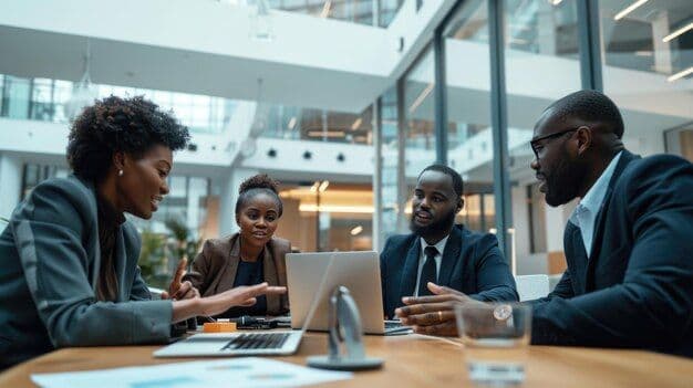 Business professionals in a modern connected office